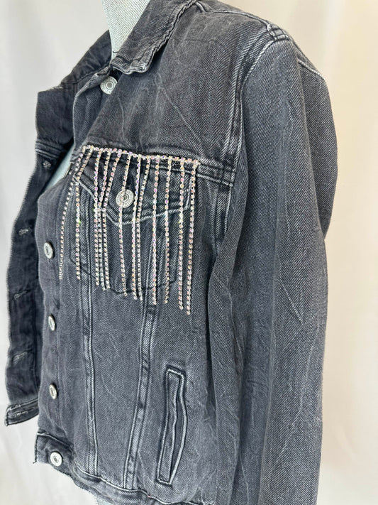 Black fringe "Cowboys & Tequila" Womens Denim Jacket Left Side with rhinestone waterfall detailing on left button pocket.