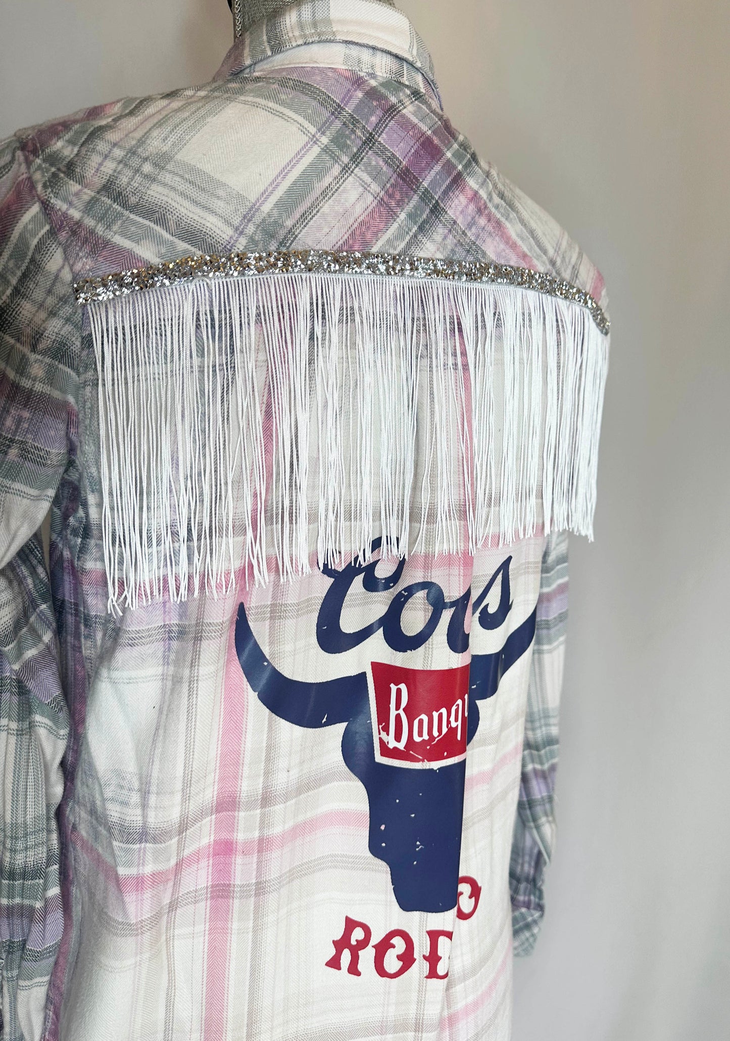 "Coors Rodeo" Womens White Fringe Flannel Detailing