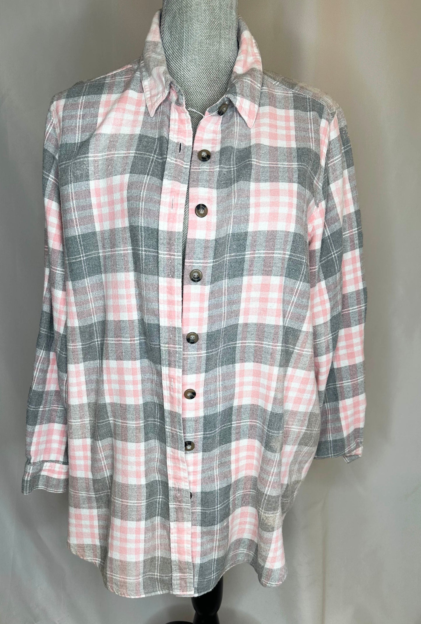 "Cowgirl Club" Womens Flannel Front Side featuring pink plaid design, button up with collar.