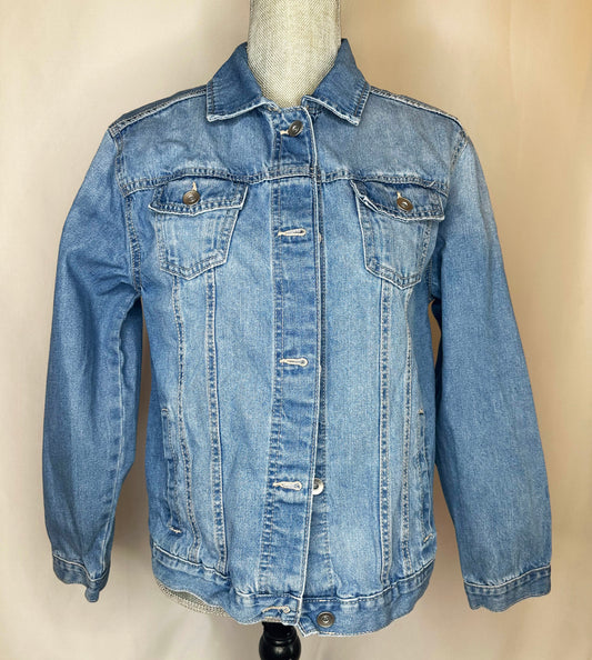 "Cowgirl Club" Womens Medium Denim Jacket Front Side featuring rhinestone detailing and satin patch "The thing about being a woman is the perogative to have a little fun"