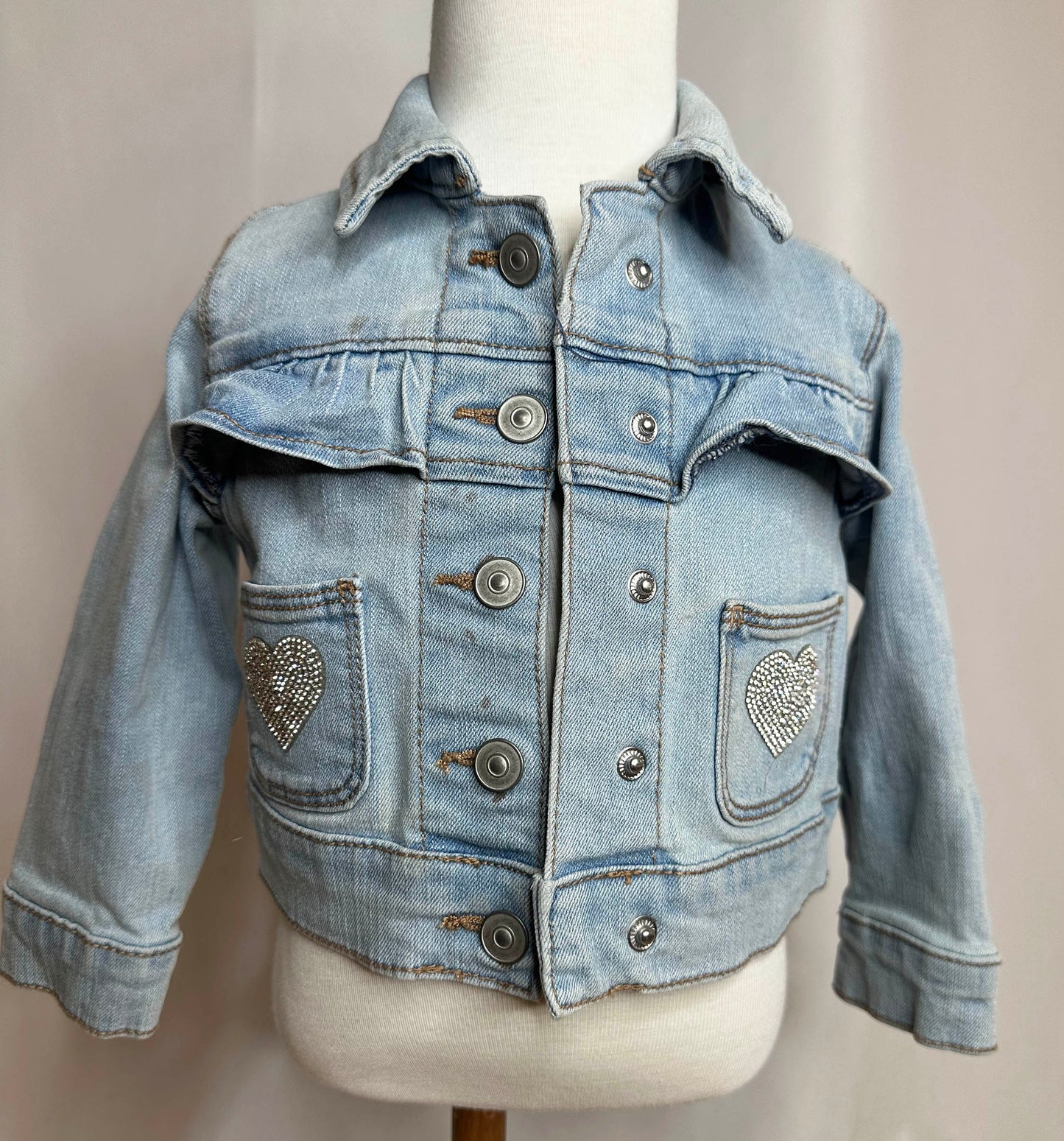 Toddler 1-2 year "Howdy" Denim Jacket with silver rhinestone heart double pockets front side
