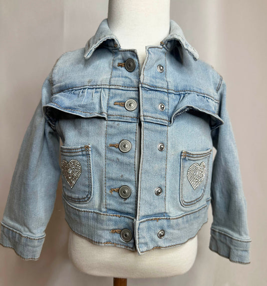 Toddler 1-2 year "Howdy" Denim Jacket with silver rhinestone heart double pockets front side