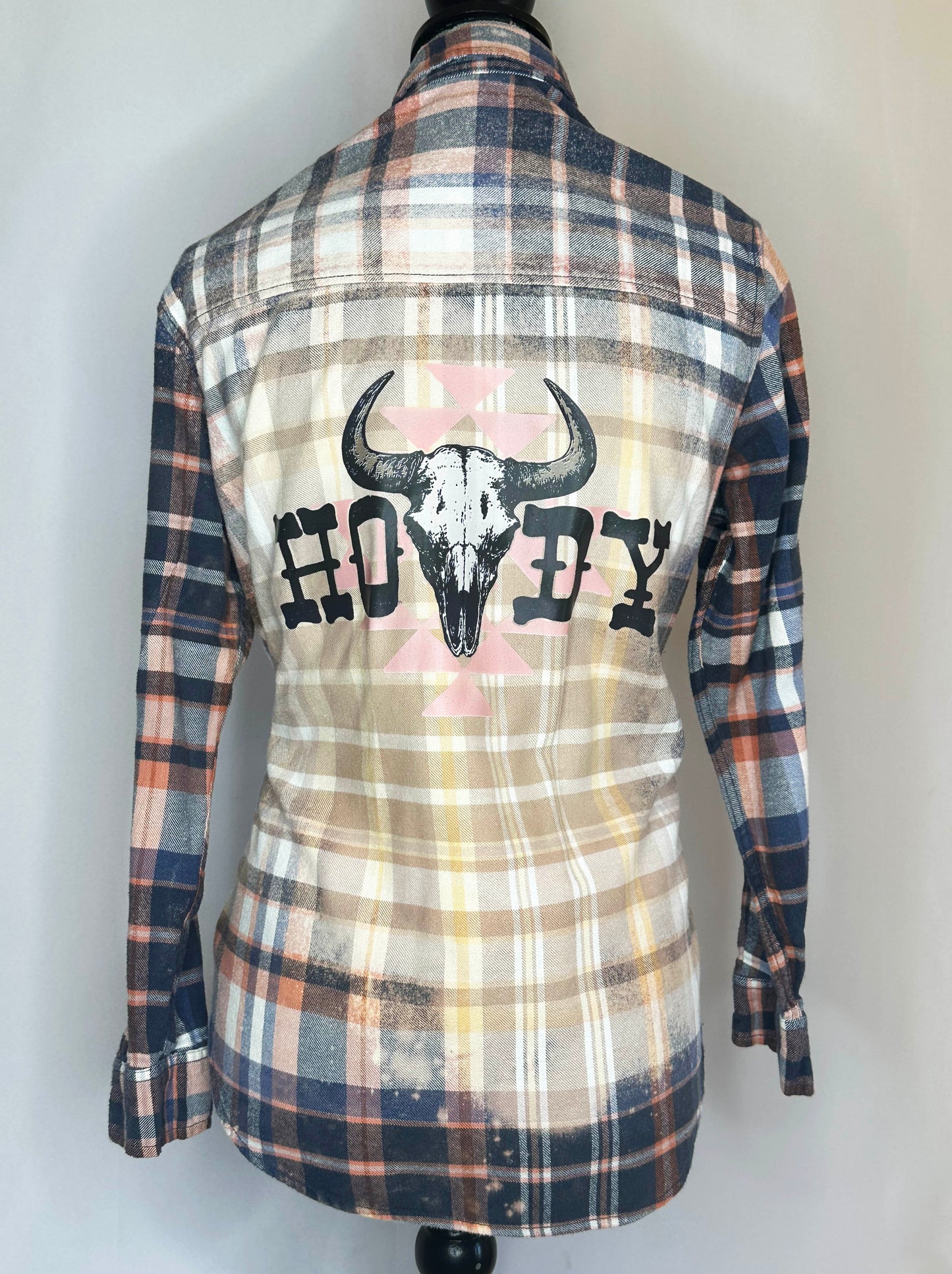 "Howdy" Women's Flannel Back Side View - Plaid Design