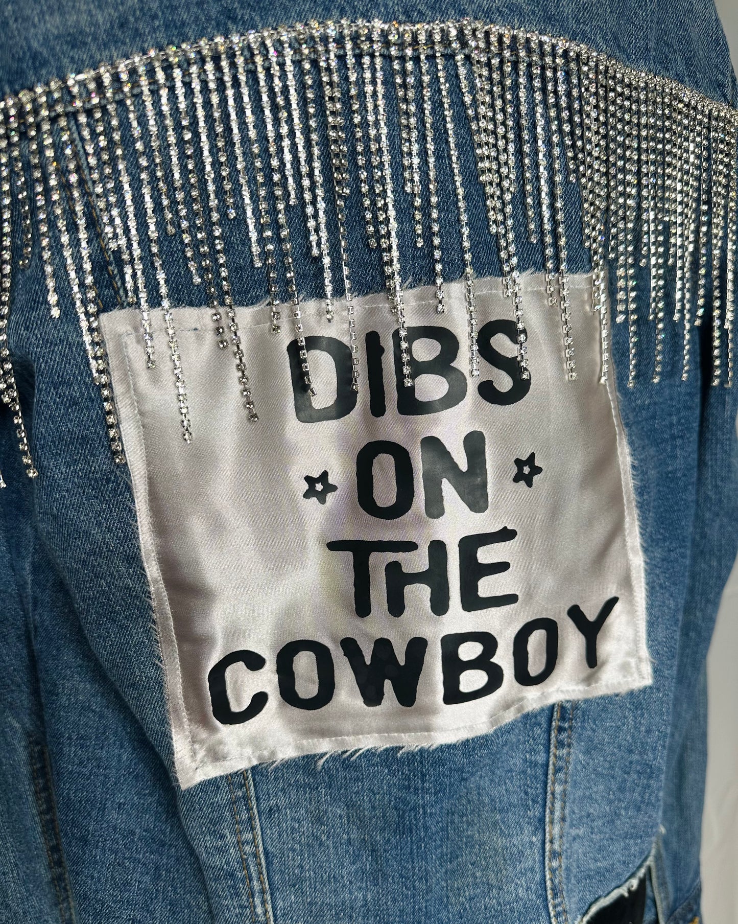Elite crystal fringe "Dibs on the cowboy" Womens Denim Jacket