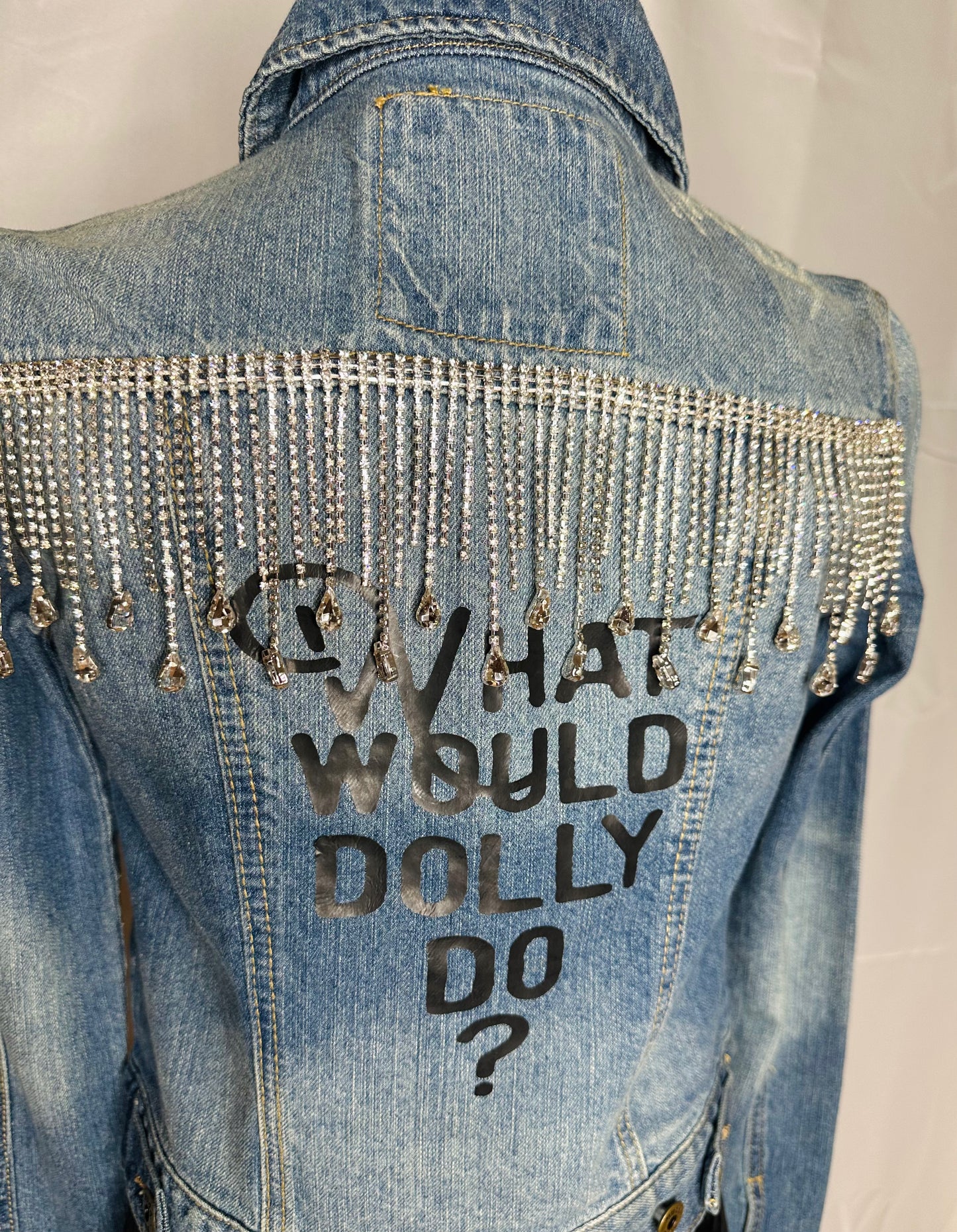 Full crystal fringe "What would Dolly Do?" Womens Denim Jacket