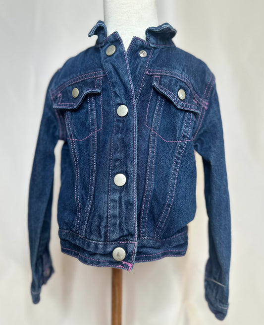 "Cowgirl" Kids Denim Jacket Front Side - featuring button up, double button pockets and pink stitching.