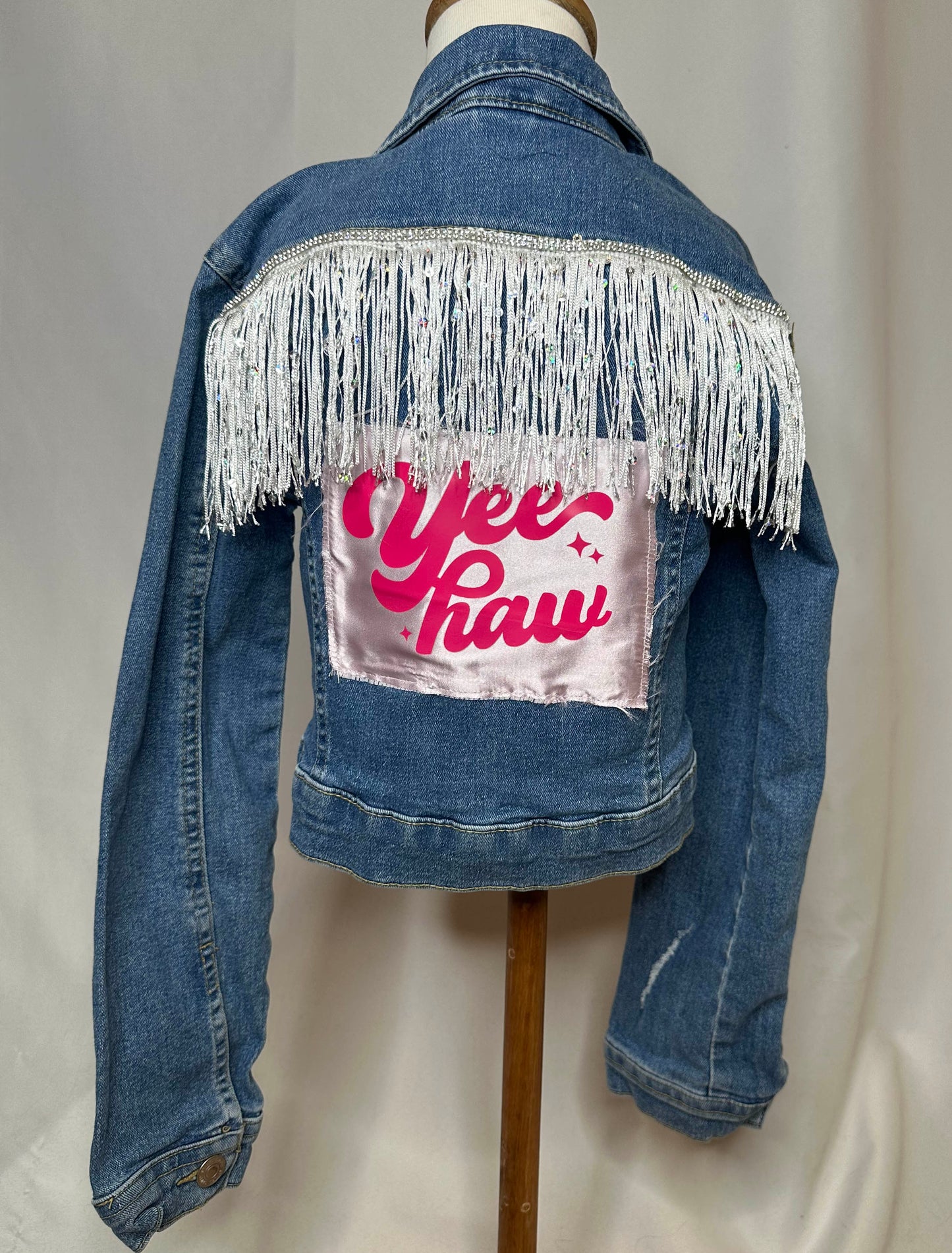 "Yee Haw" Kids White Fringe Denim Jacket Back Side