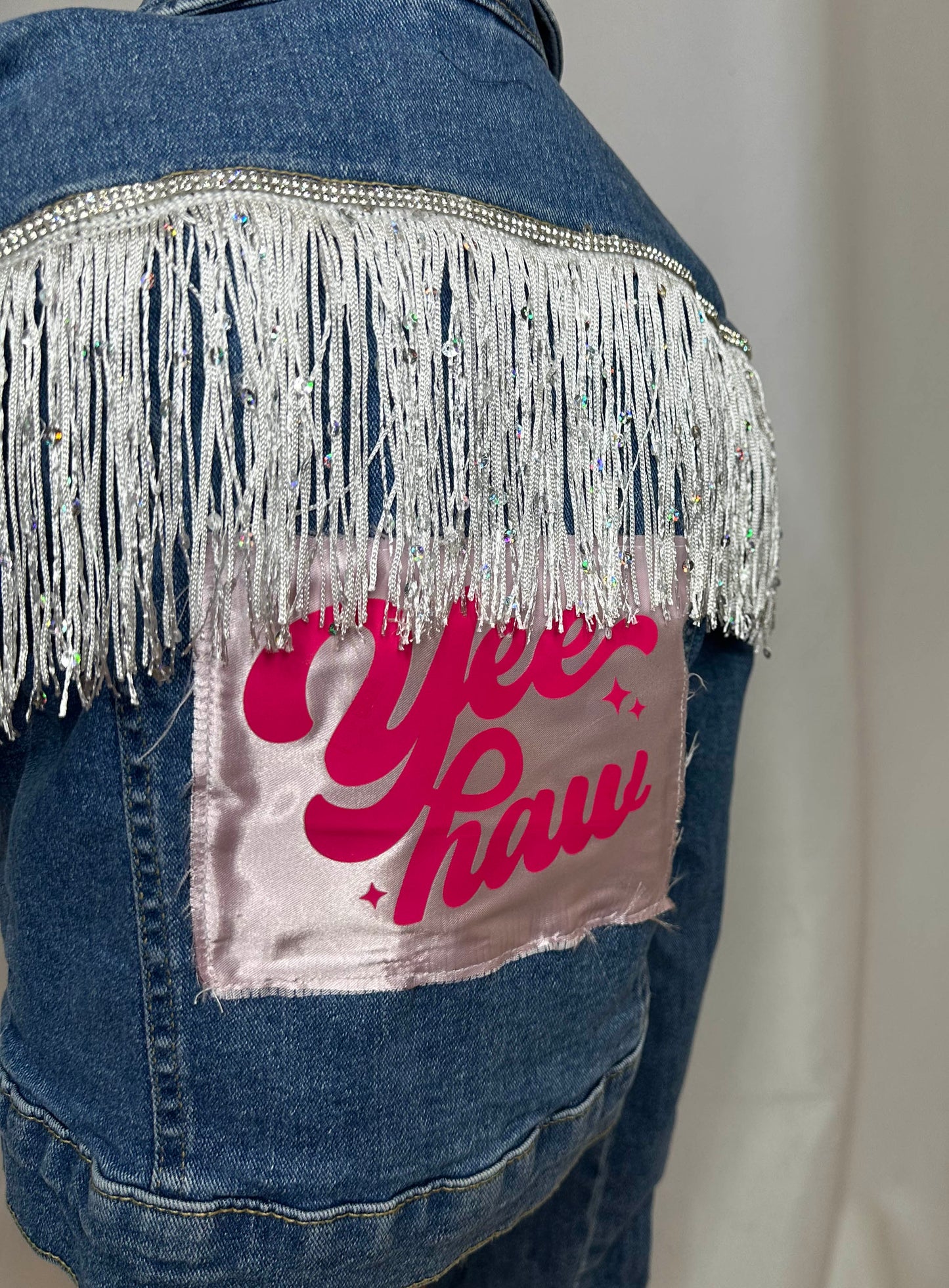 "Yee Haw" Kids White Fringe Denim Jacket Detailing