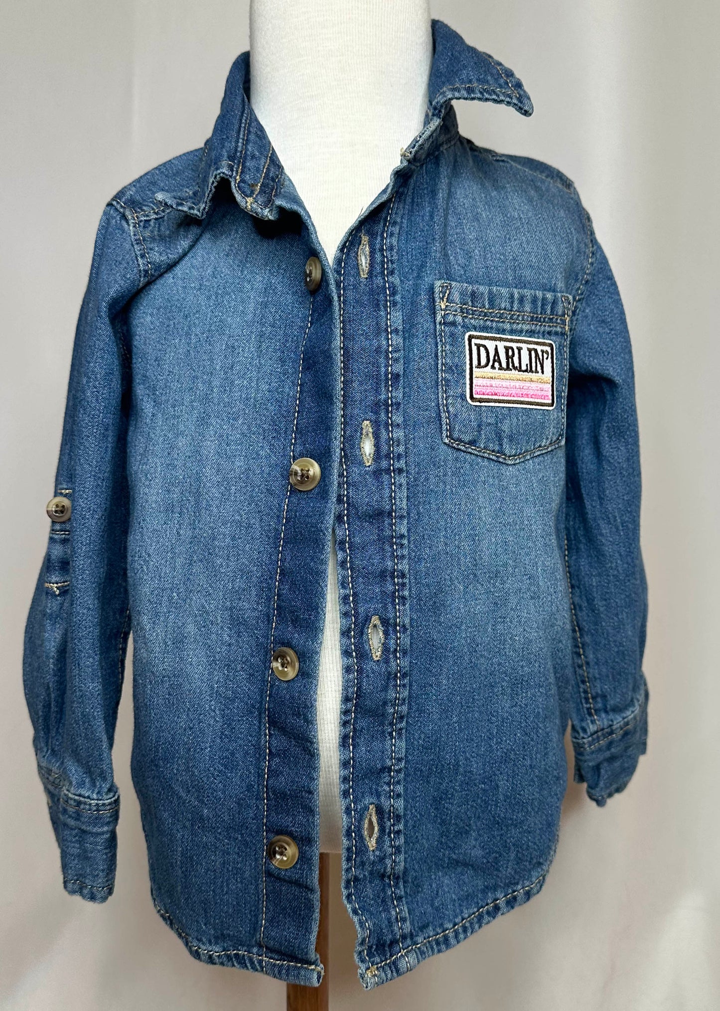 Toddler 18-24 Months "Yee Haw" silver fringe and satin patch denim t-shirt back side with darlin patch front side.