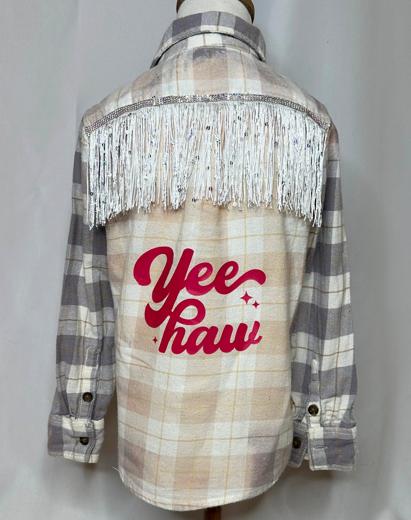 "Yee Haw" White Fringe Kids Flannel Back Side
