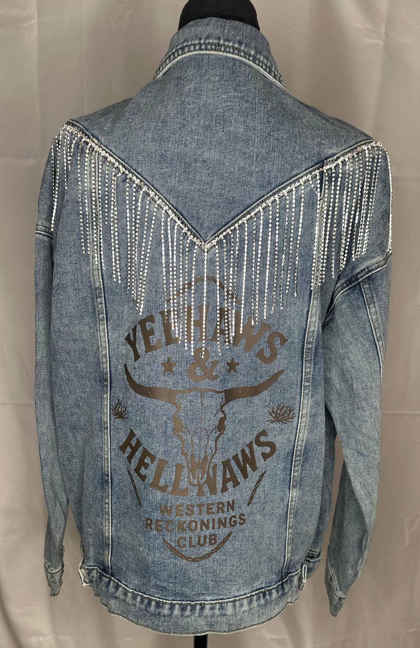 V Crystal Fringe "Yeehaws & Hellnaws" Womens Denim Jacket