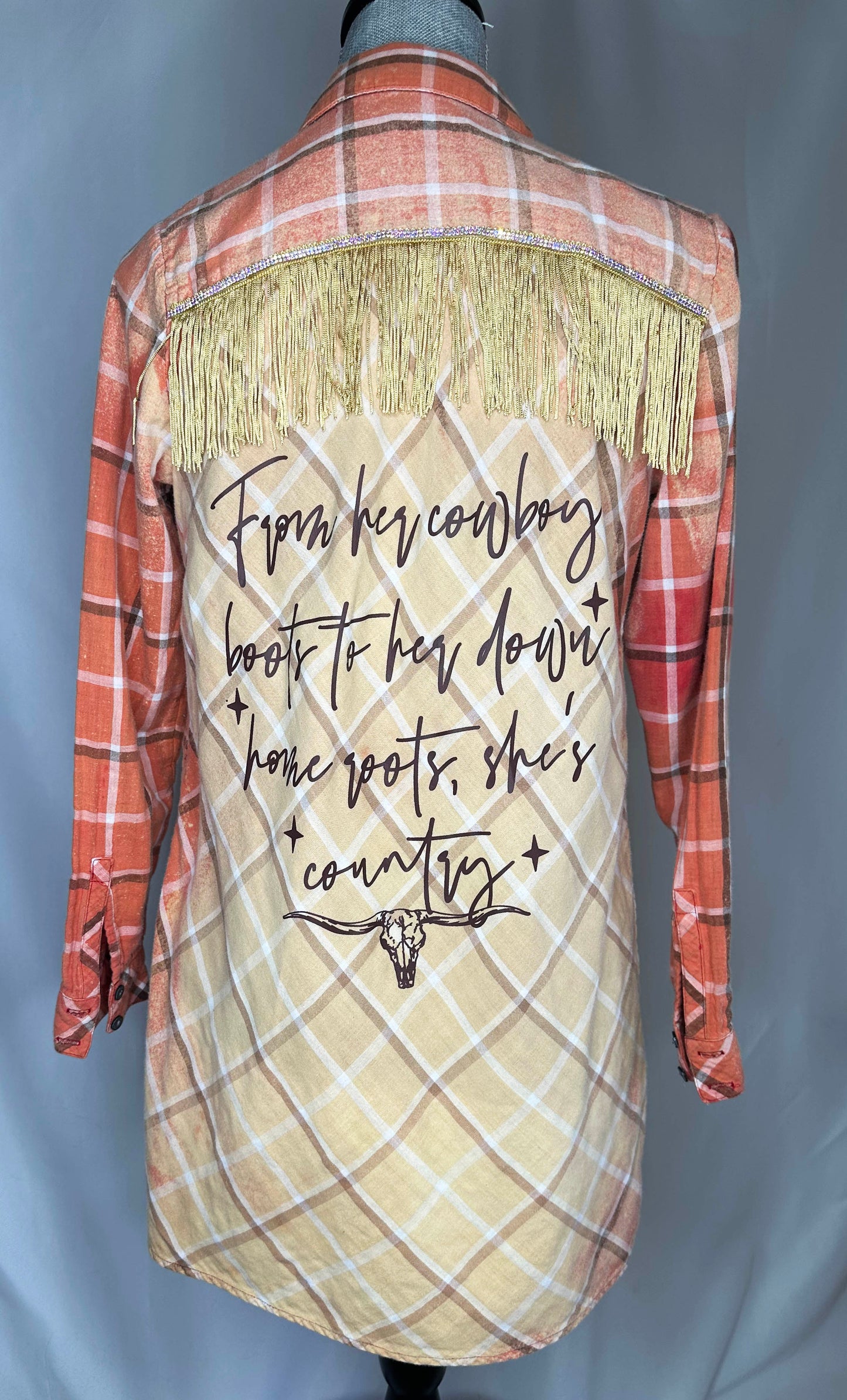 Gold fringe "From her cowboy roots" Womens Long Flannel