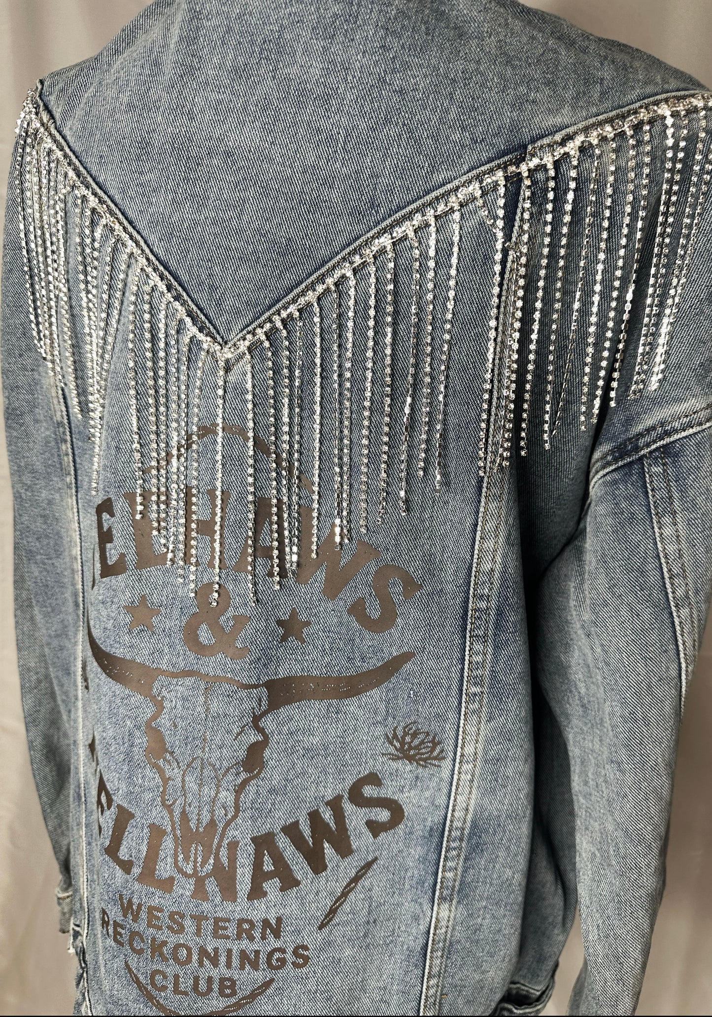 V Crystal Fringe "Yeehaws & Hellnaws" Womens Denim Jacket