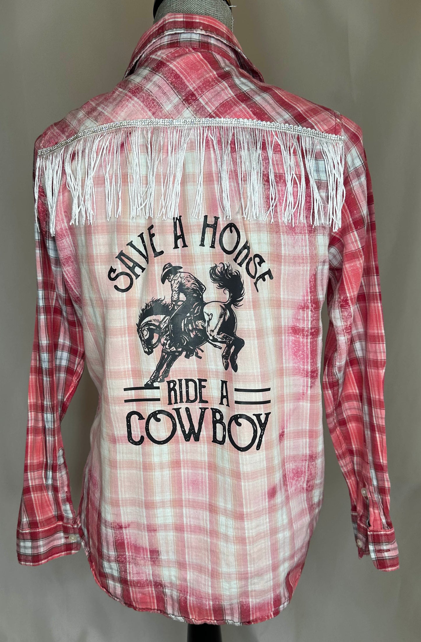 Fringed detail "Save a horse ride a cowboy" Women's Small plaid T-shirt back side
