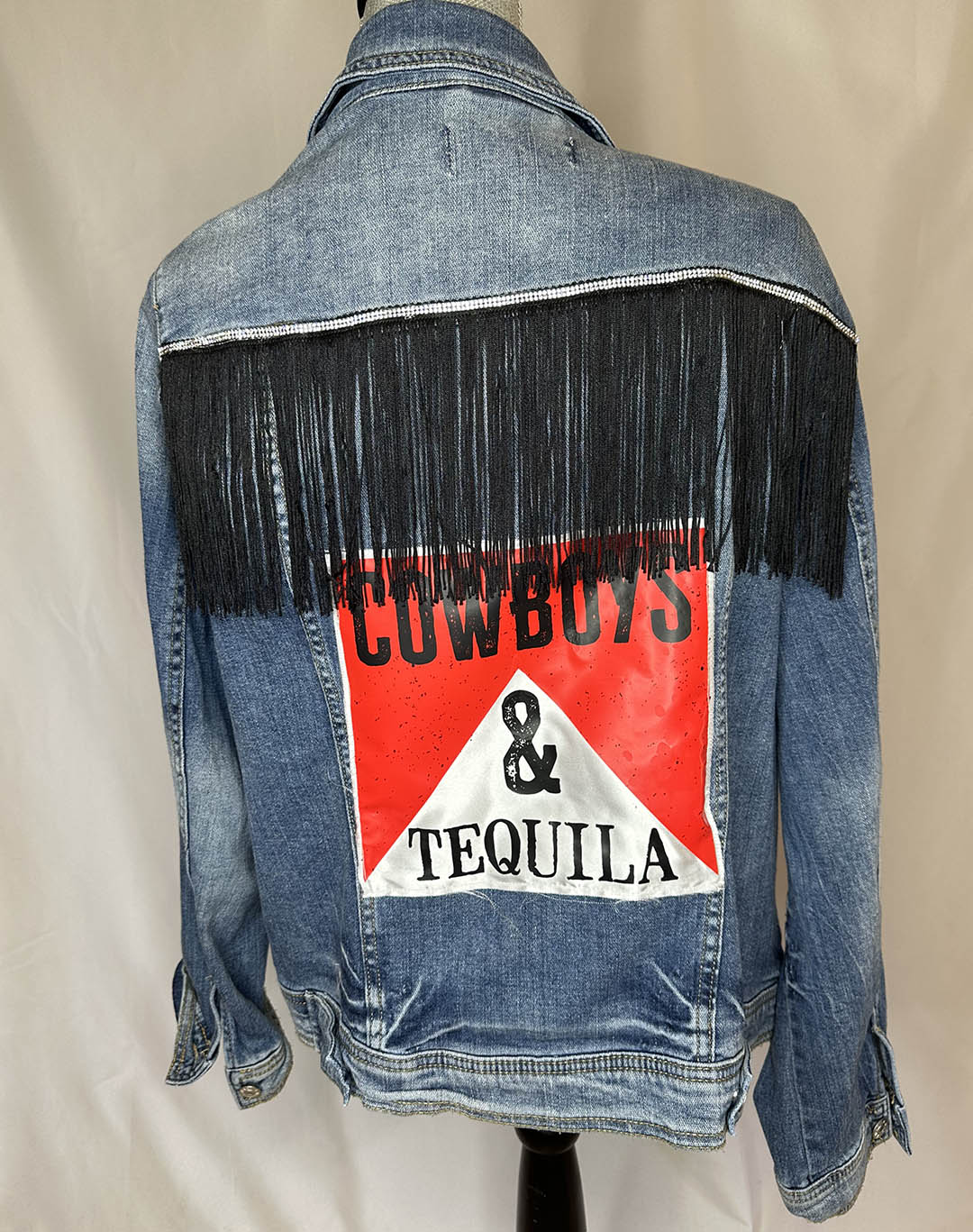 Black fringe "Cowboys & Tequila" Womens Denim Jacket