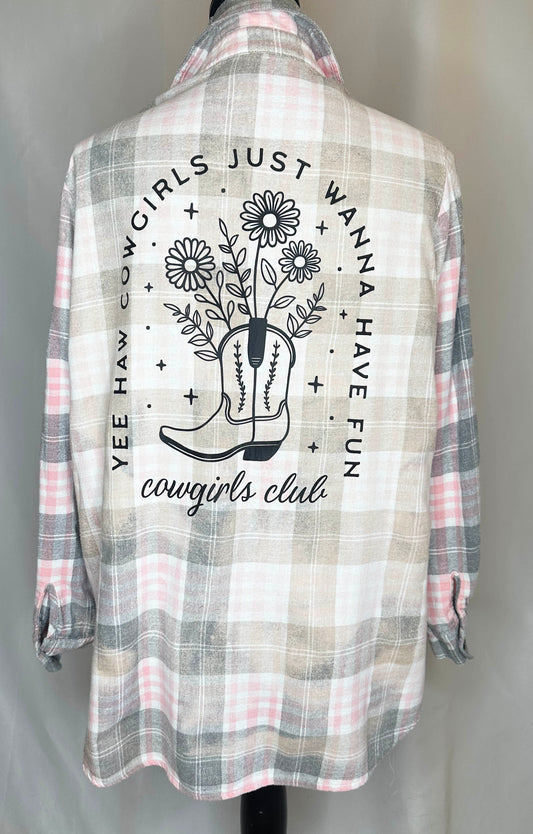 "Cowgirl Club" Womens Flannel Back Side, pink plaid with "girls just want to have fun" detailing 