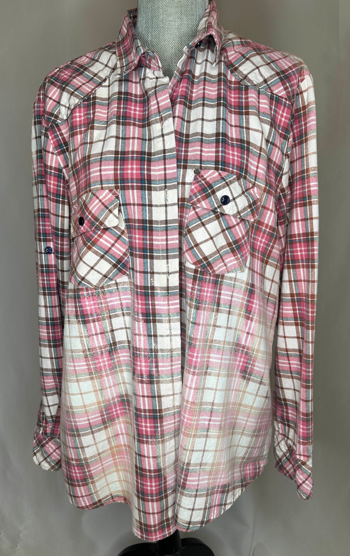 Womens cowgirls club "girls just want to have fun" flannel with silver and white fringe and double button pockets front side