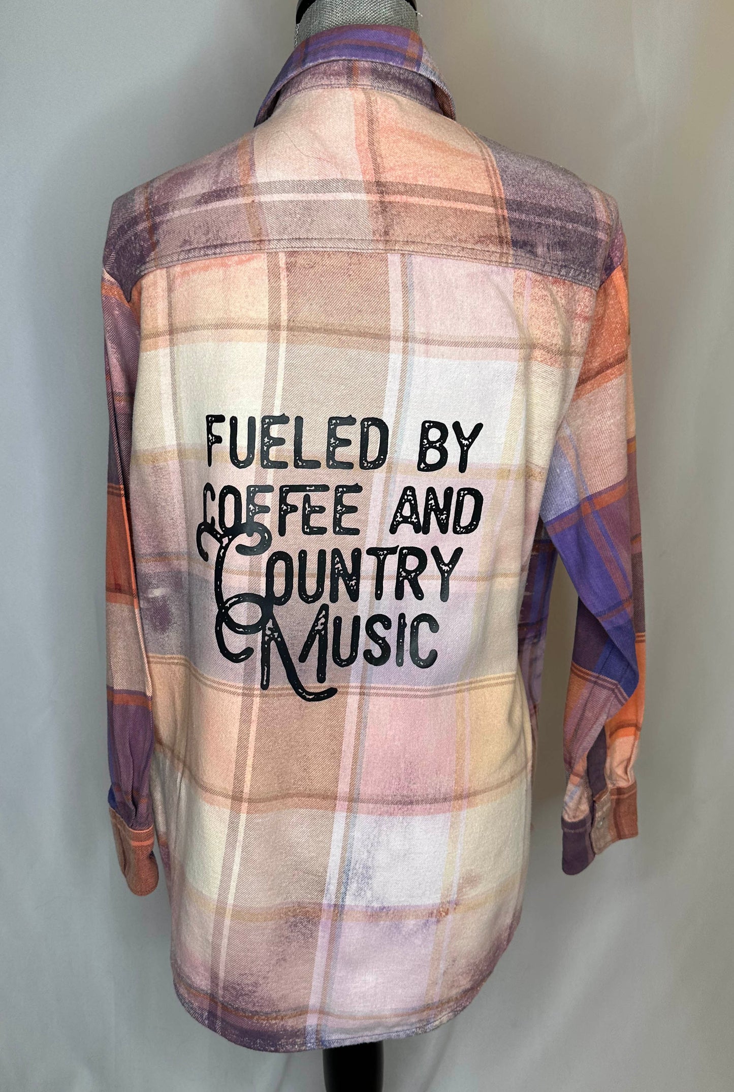 "Fueled by Coffee & Country Music" Women's button up Flannel in pink plaid back side