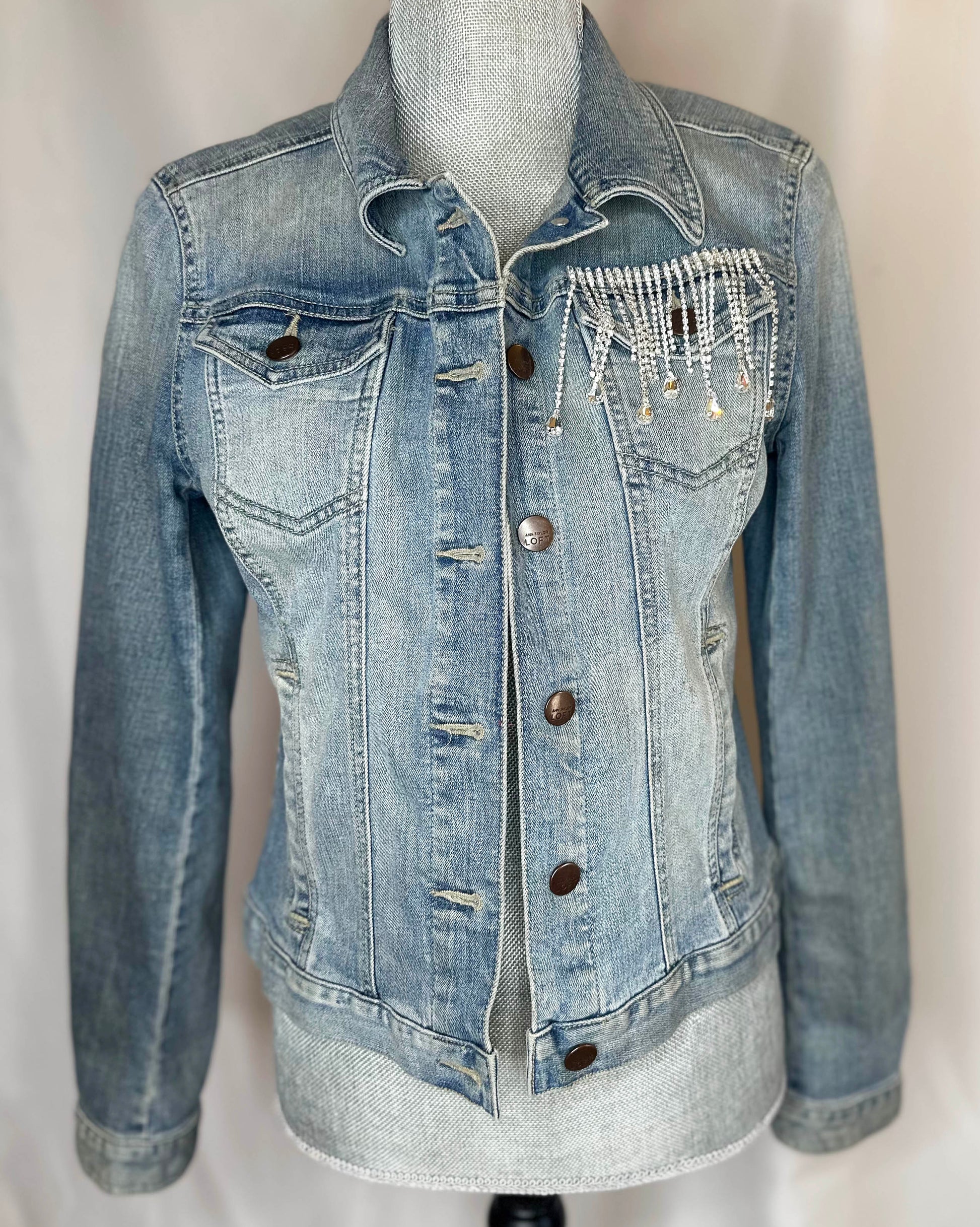 Full crystal fringe "Country girl shake it for me"  Womens Denim Jacket front side with rhinestone waterfall detailing on left pocket