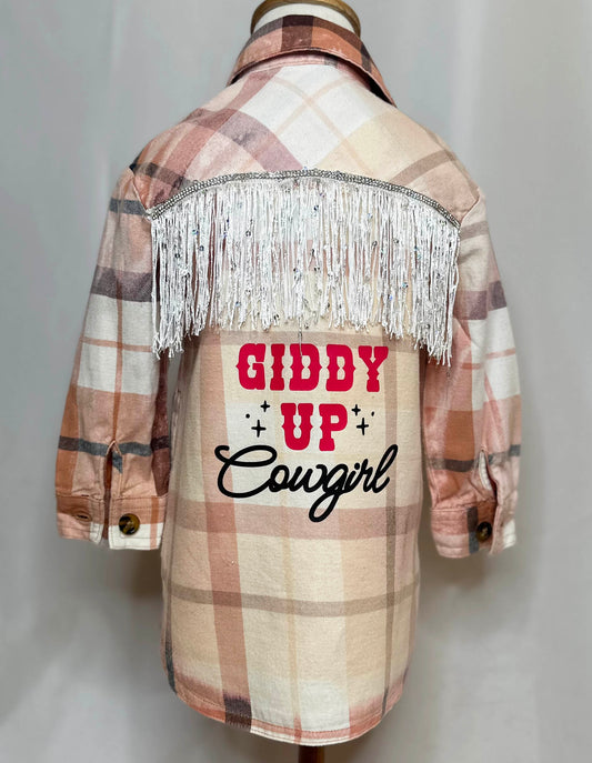 "Giddy Up Cowgirl" Toddlers Flannel Back Side with rhinestone and white glitter fringe detailing. 
