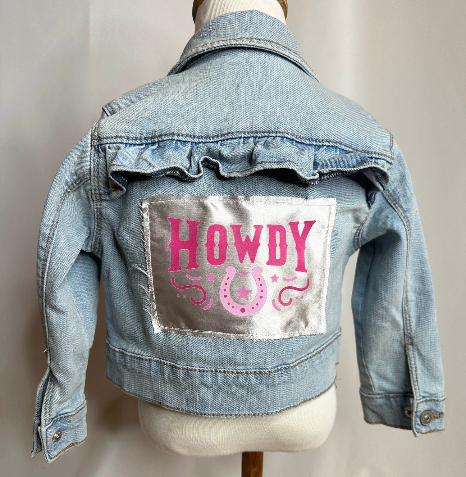 Toddler 1-2 year "Howdy" Denim Jacket with silver rhinestone heart double pockets back side