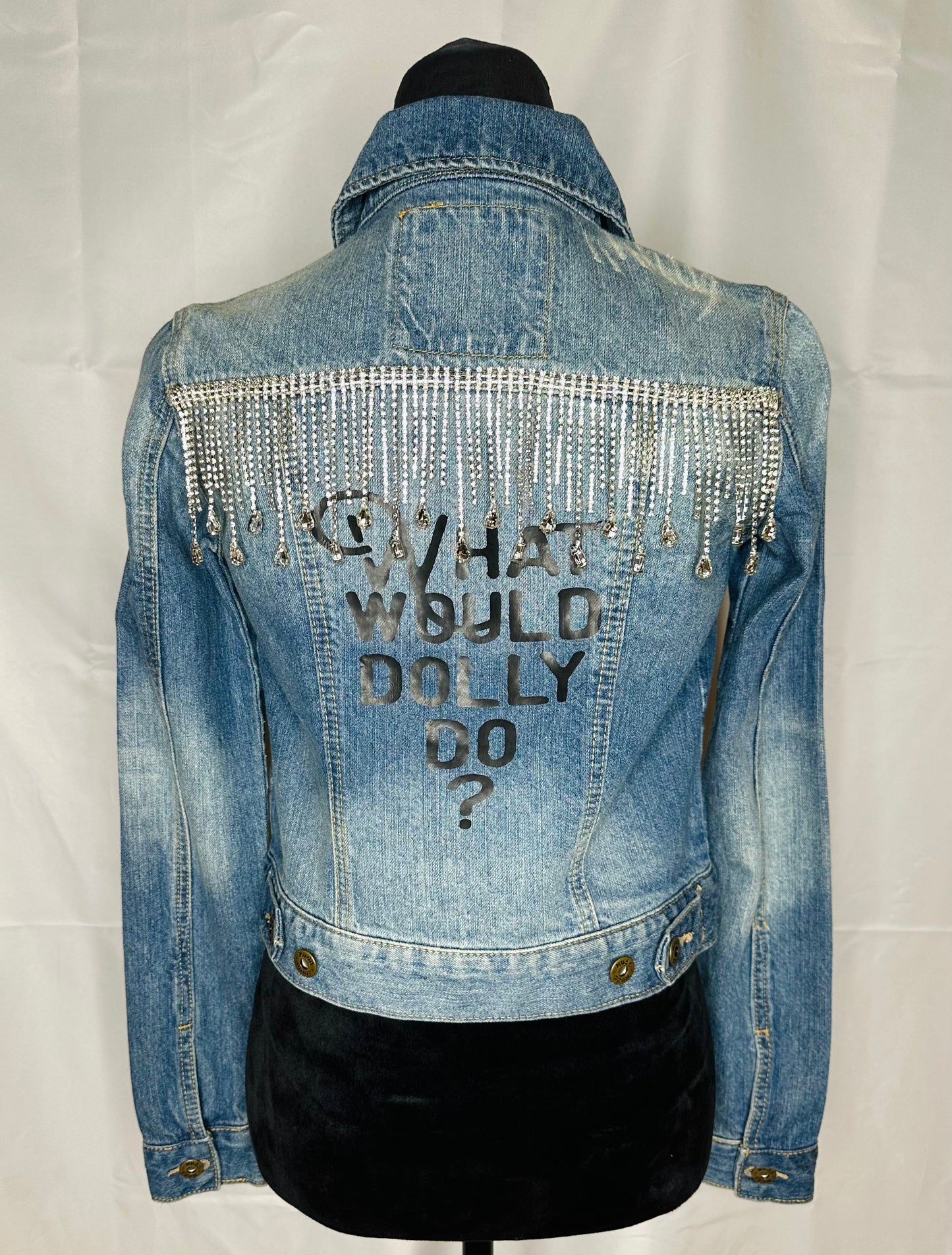 Full crystal fringe "What would Dolly Do?"  Womens Denim Jacket