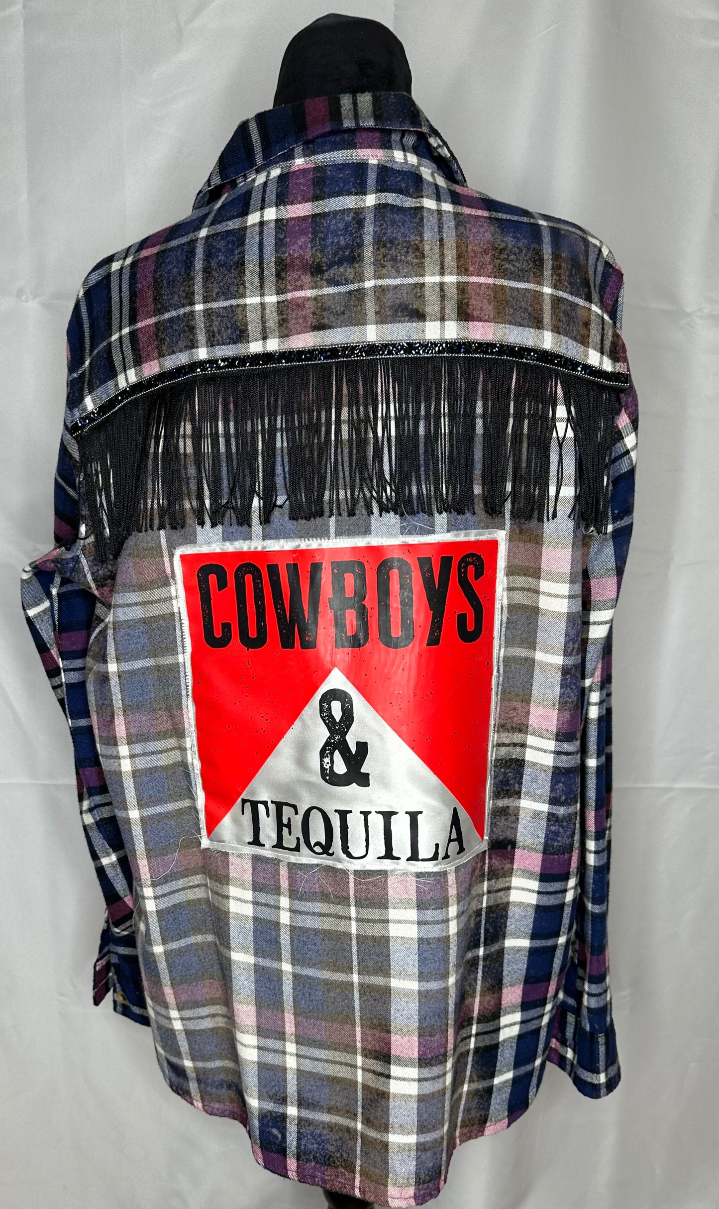 "Cowboys & Tequila" Womens Black Fringe Flannel