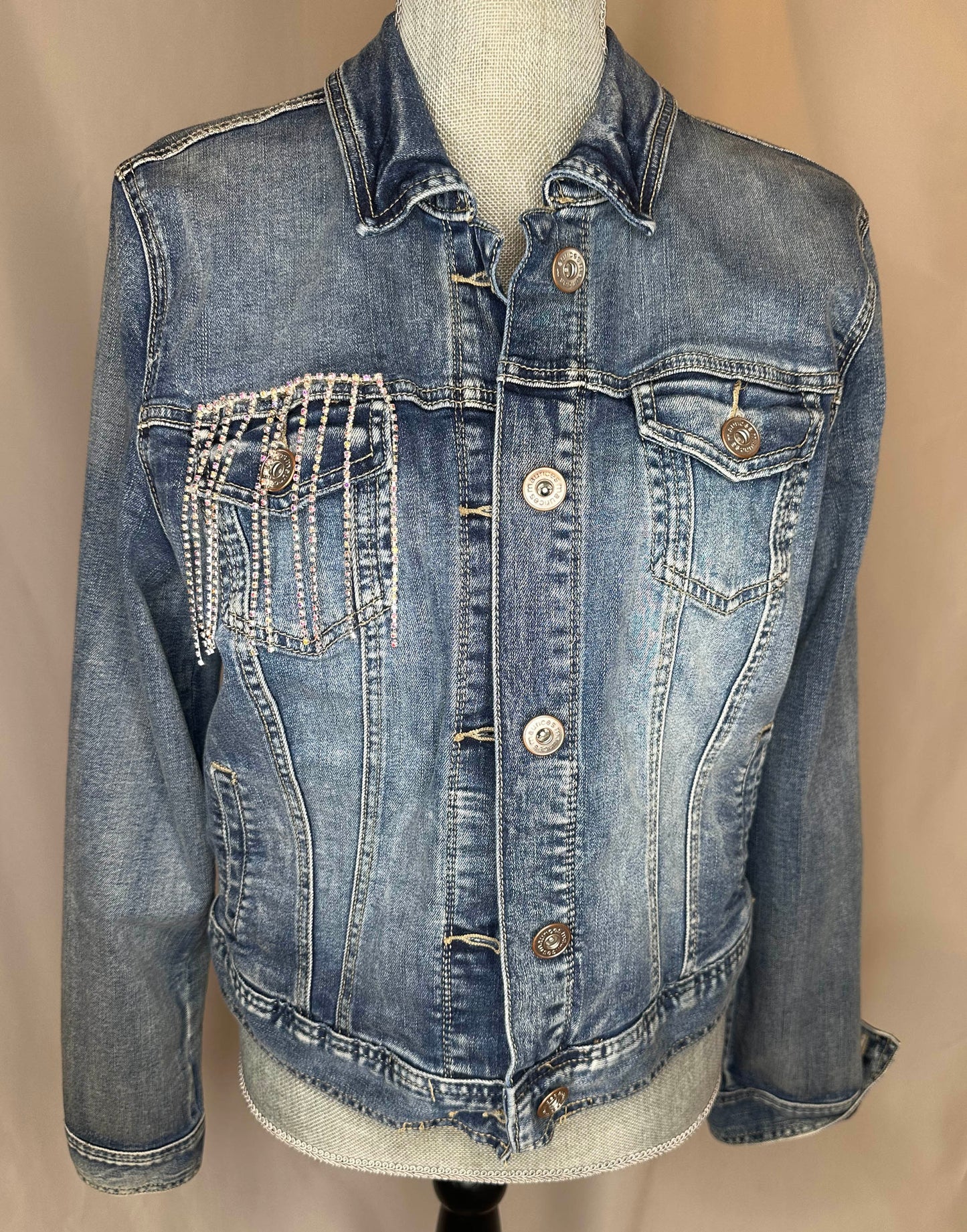 White_Fringe_Cowboys_Tequila_Womens_Denim_Jacket_Front_Side with right pocket rhinestone detailing