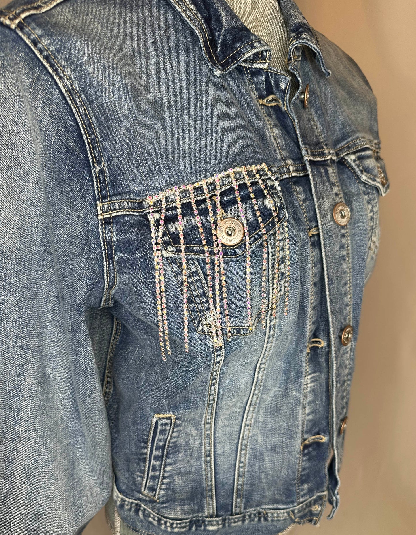 White_Fringe_Cowboys_Tequila_Womens_Denim_Jacket_Front_Side with right pocket rhinestone detailing